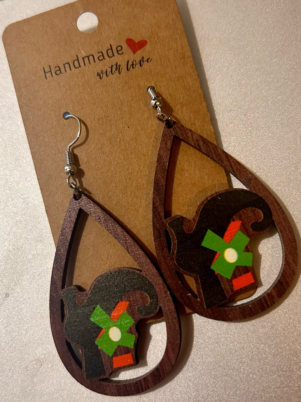 Handmade Wooden Lightweight Brown Teardrop Earrings with Green Accent